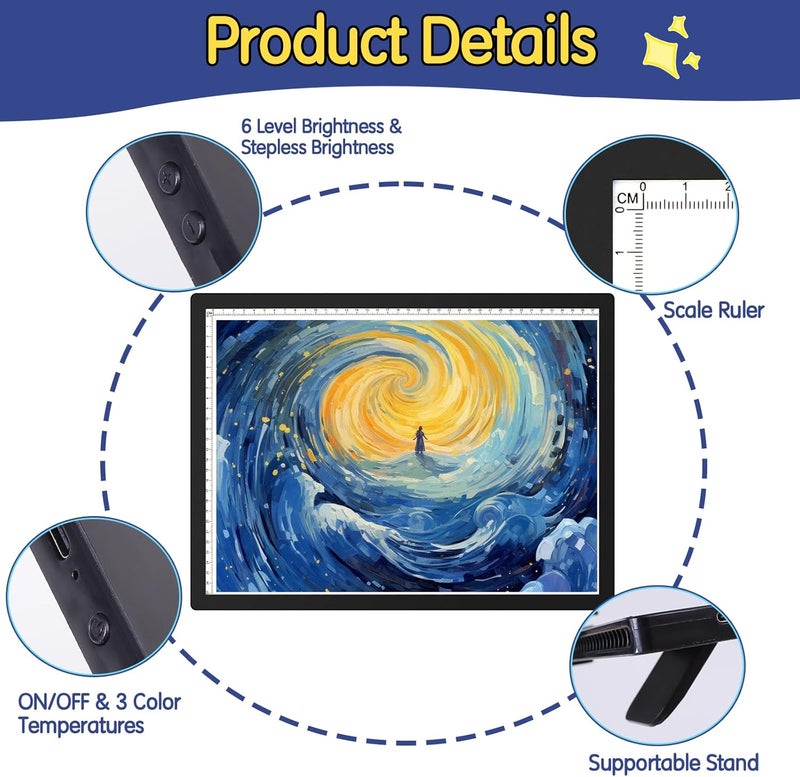 KEIWRLIGHT Rechargeable A3 Light Table - Wireless Battery Light Box for Tracing 3 Colors 6 Levels Brightness Stepless Light Board, A3 Light Pad for Diamond Painting Tatto Drawing Artists Kids Adults - Image 2